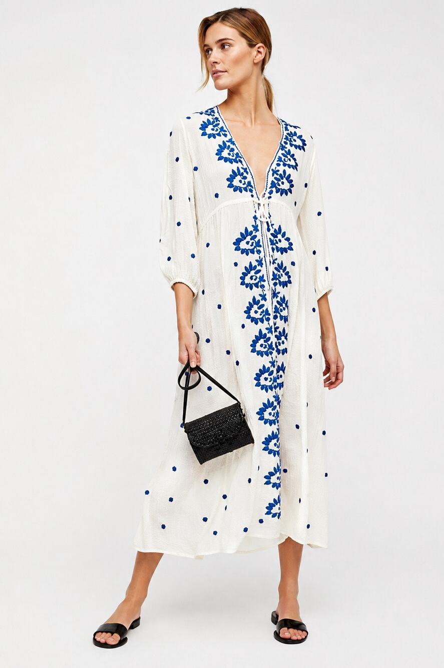 Free People Embroidered Fable Midi Dress Canvas Combo Blue Ivory XL